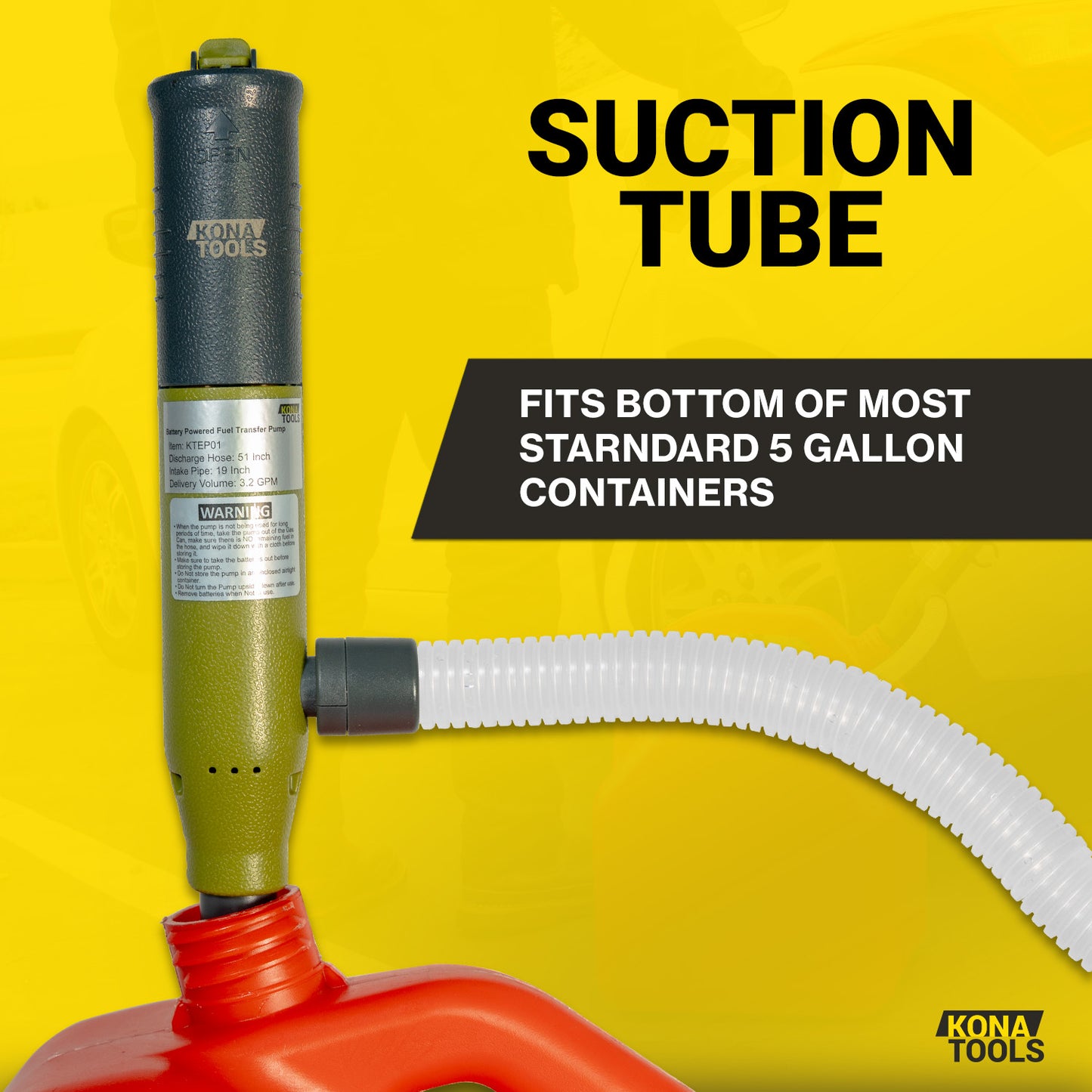 KTEP01 Portable Fuel Pump 3.2 GPM: Battery Powered, 19in Tube, 51in Hose