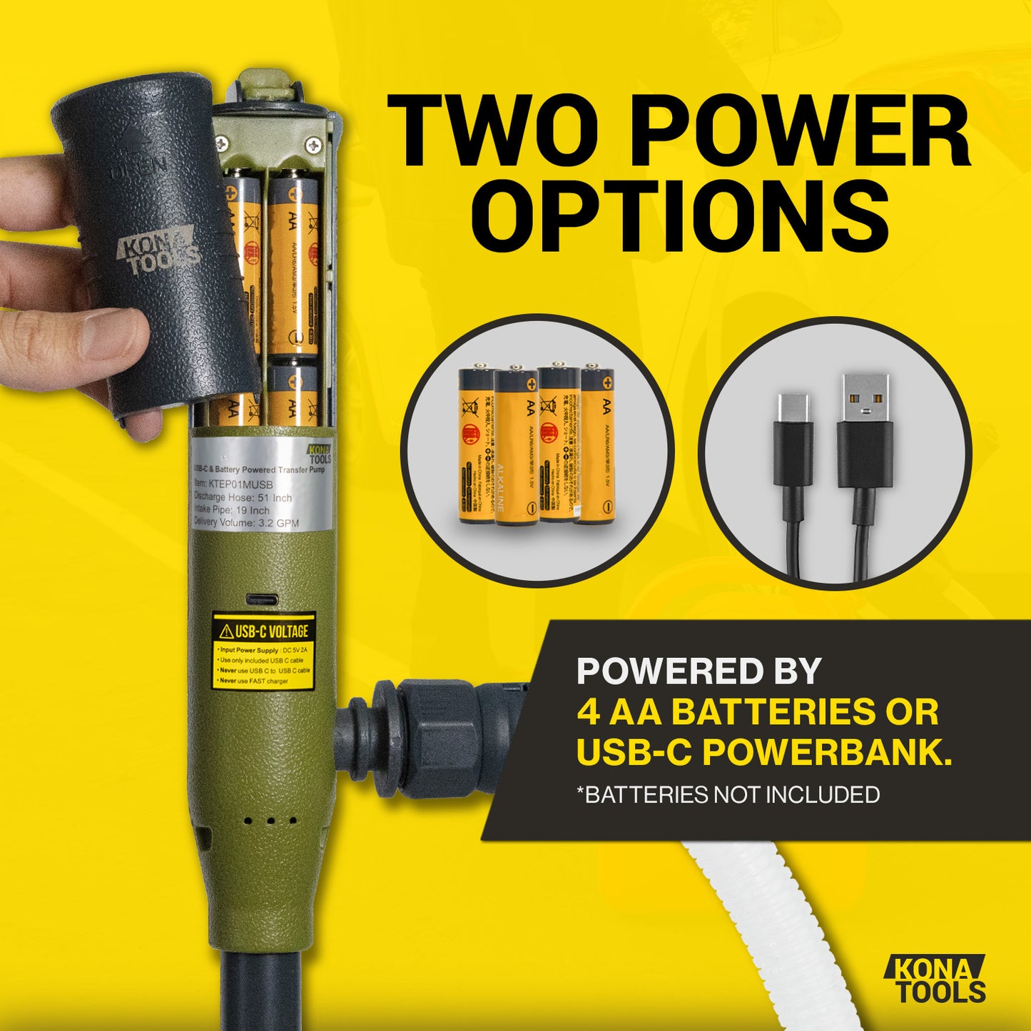 KTEP01MUSB Dual Power Fuel Pump: 3.2 GPM, Safety Nozzle, 4.3ft Hose