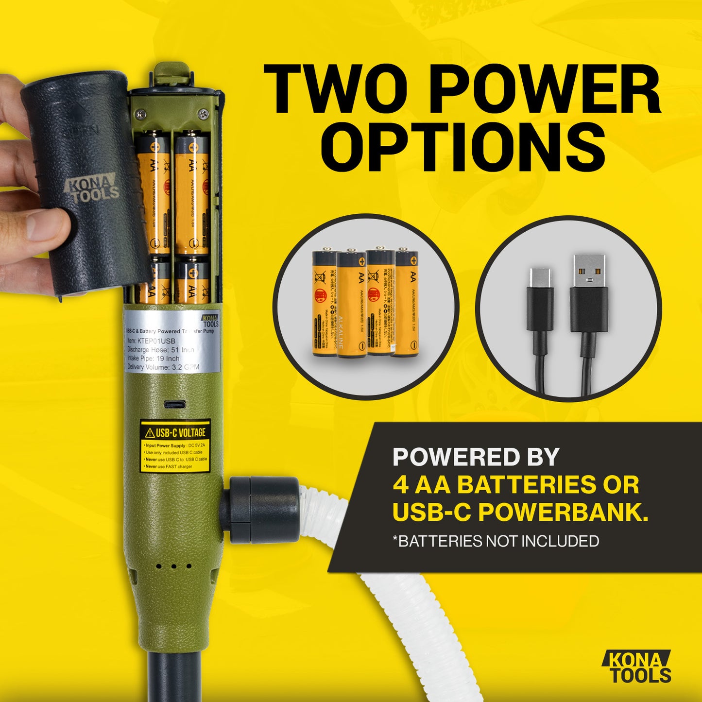 KTEP01USB Fuel Transfer Pump: USB-C Powered 3.2 GPM 51in Hose