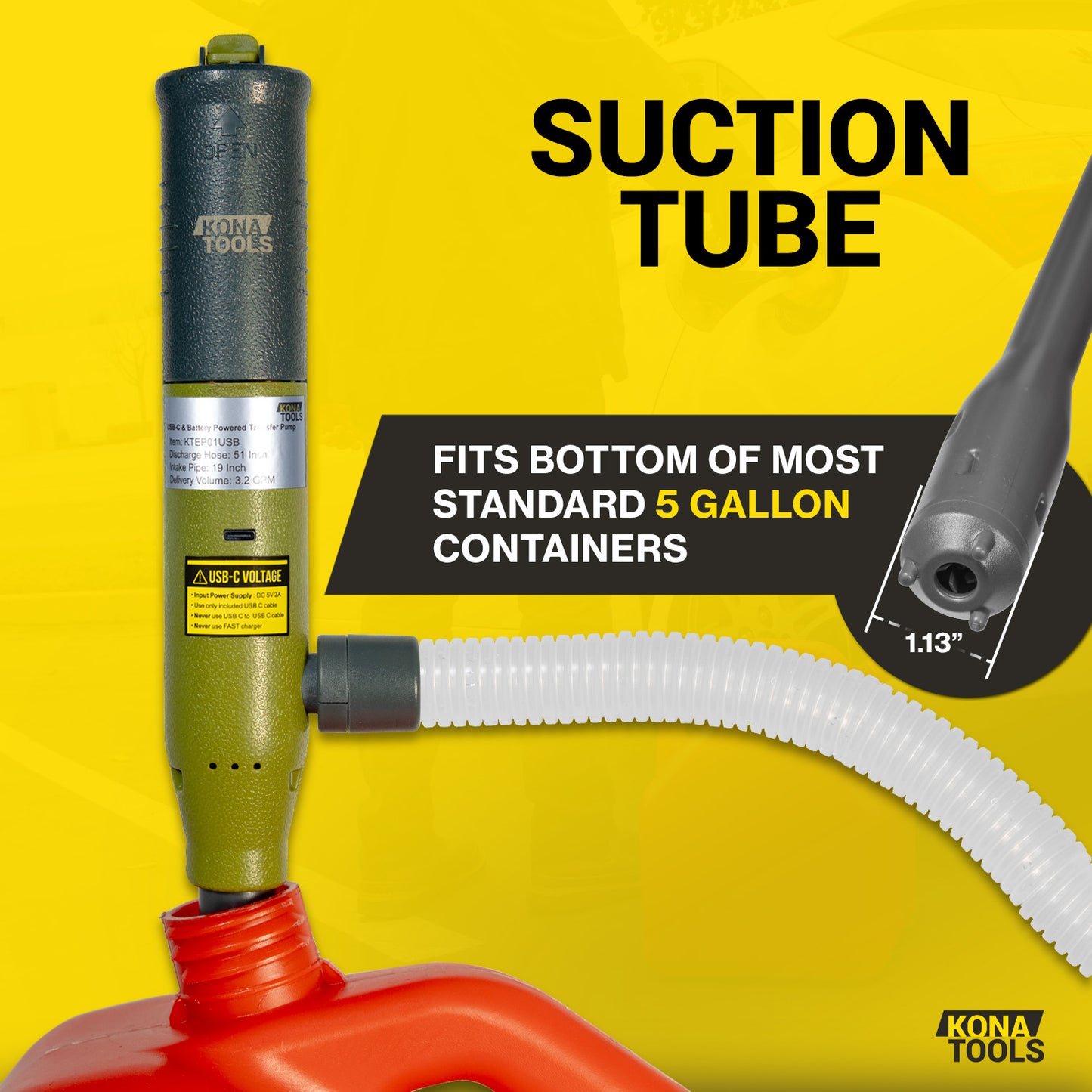 KTEP01USB Fuel Transfer Pump: USB-C Powered 3.2 GPM 51in Hose