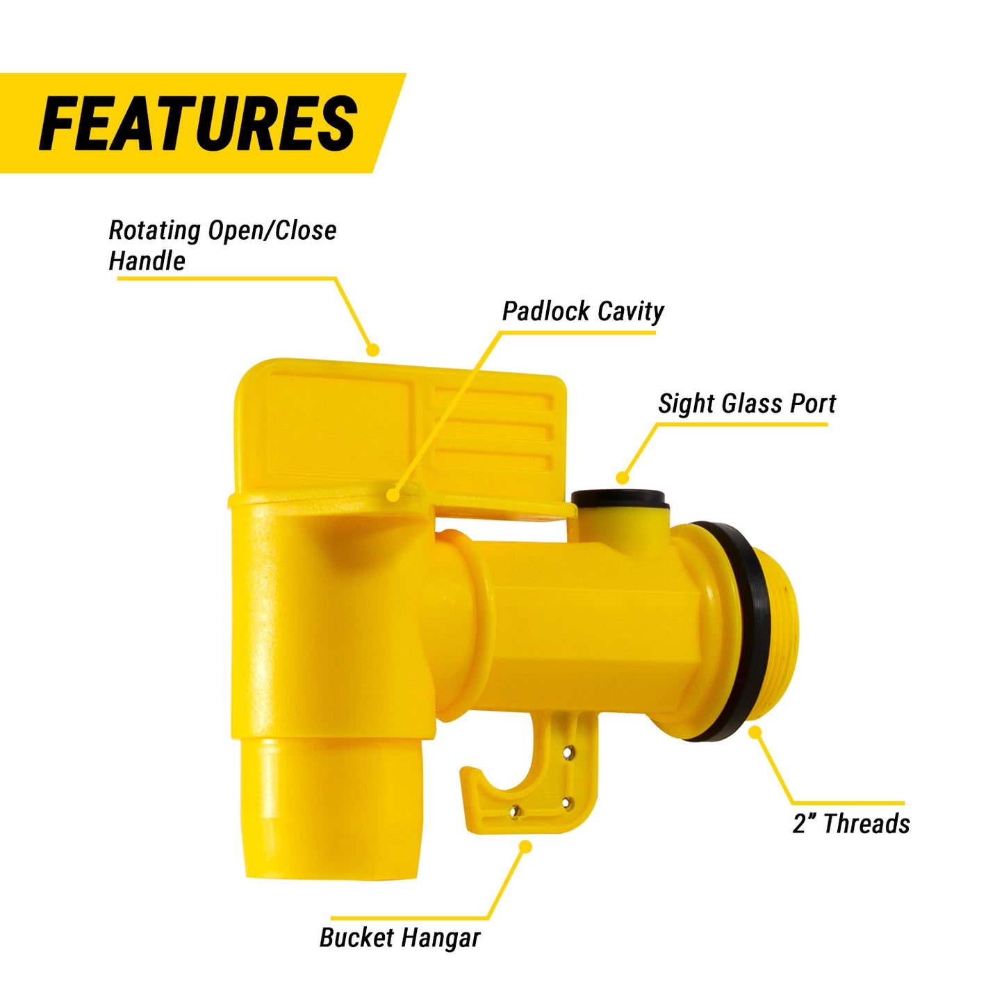 KTFAUT200 2in Drum Faucet (NPT Male): Polyethylene, Lockable, Bucket Hanger