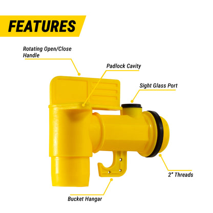 KTFAUT200 2in Drum Faucet (NPT Male): Polyethylene, Lockable, Bucket Hanger