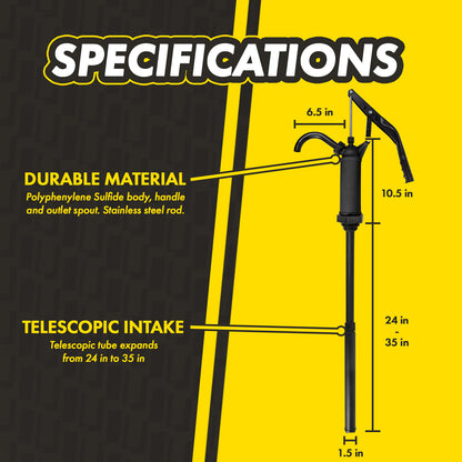 KTLV04 Lever Action Drum Pump: 3in 1 Flow Control, 35.5in Telescopic Tube, 15–55 Gallon