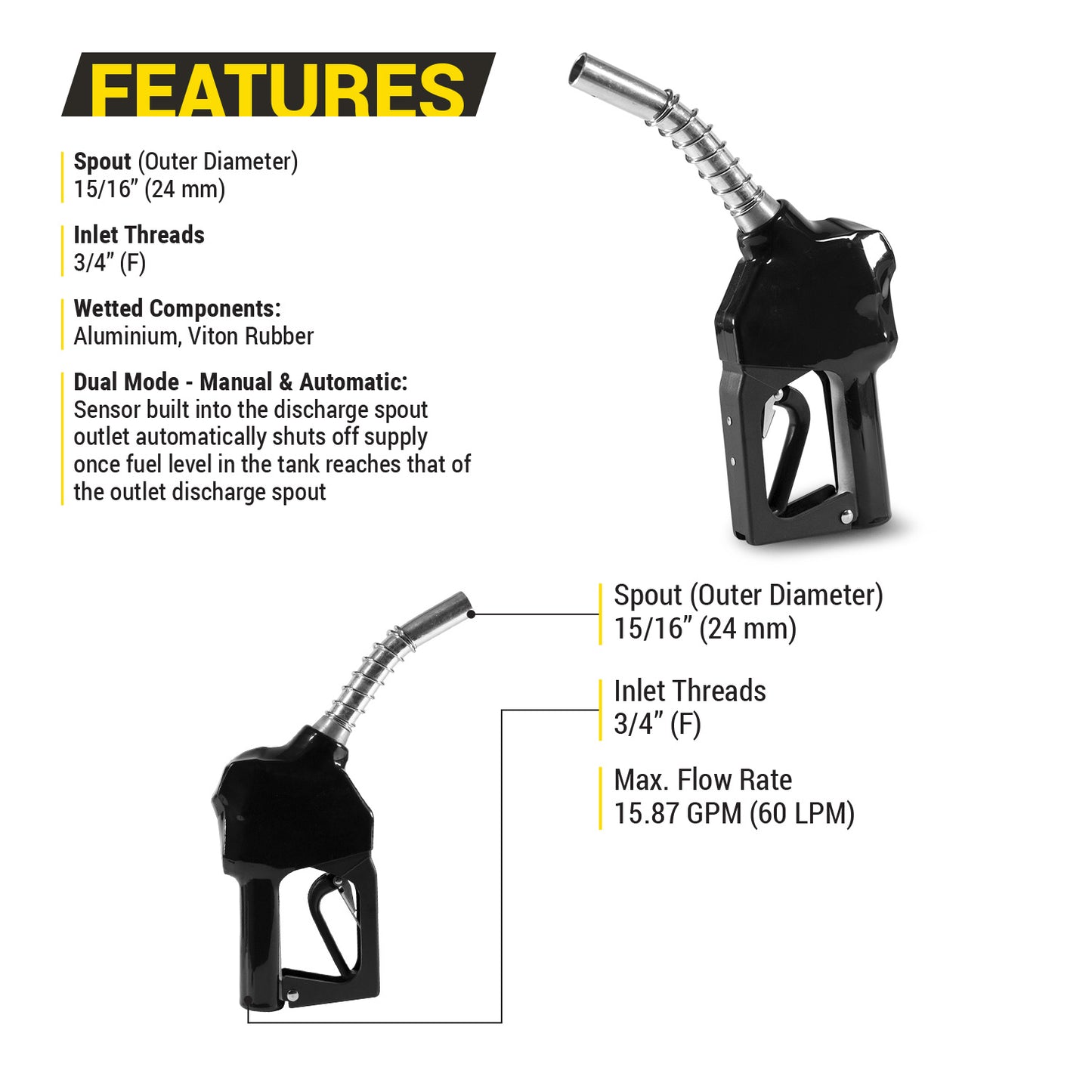 KTNZLB075C 3/4in NPT Automatic Fuel Nozzle: 15.87 GPM, Curved Spout