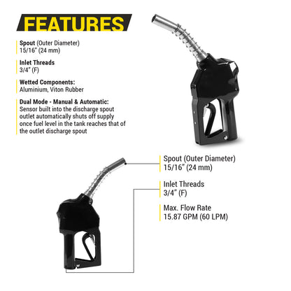 KTNZLB075C 3/4in NPT Automatic Fuel Nozzle: 15.87 GPM, Curved Spout