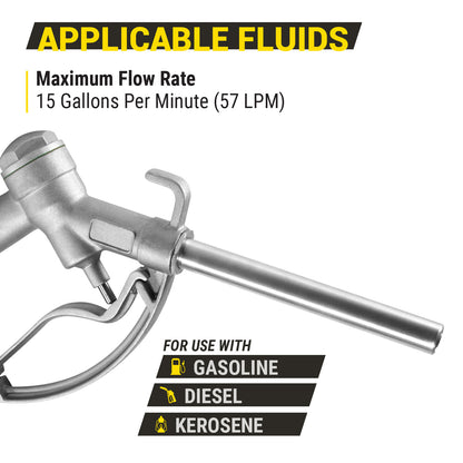 KTNZLW075 3/4in NPT Manual Fuel Nozzle: 15 GPM, 360 Degree Swivel, Straight Spout