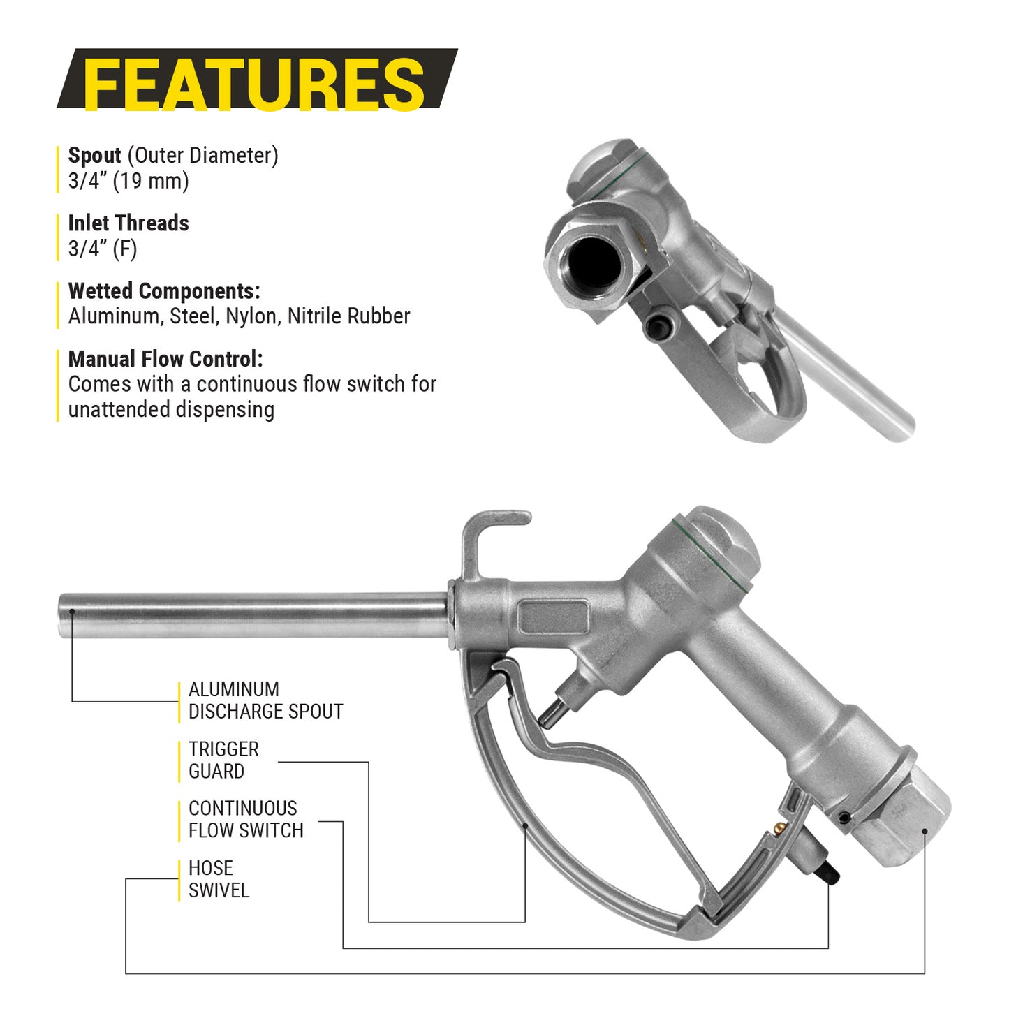 KTNZLW075 3/4in NPT Manual Fuel Nozzle: 15 GPM, 360 Degree Swivel, Straight Spout