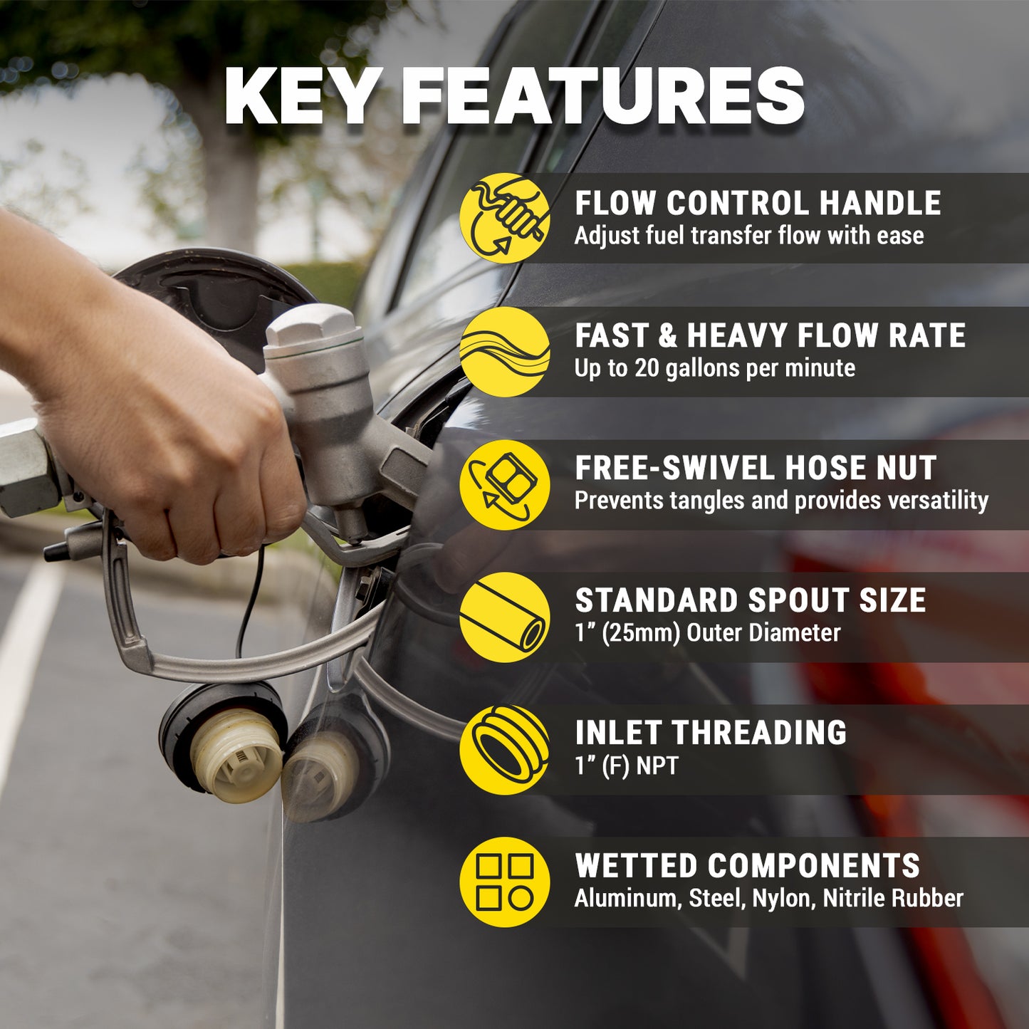 KTNZLW100 1in NPT Manual Fuel Nozzle: High-Flow 20 GPM Swivel Spout