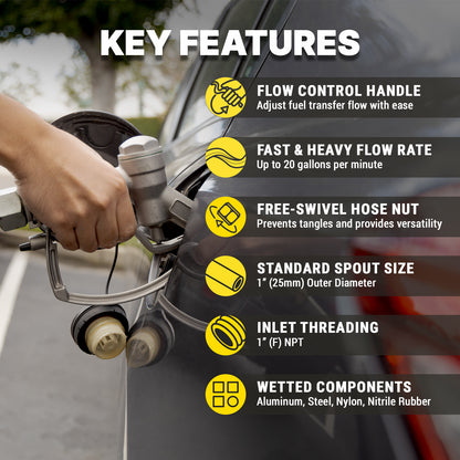 KTNZLW100 1in NPT Manual Fuel Nozzle: High-Flow 20 GPM Swivel Spout