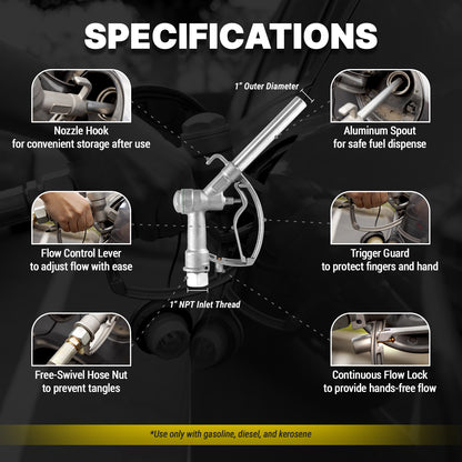 KTNZLW100 1in NPT Manual Fuel Nozzle: High-Flow 20 GPM Swivel Spout