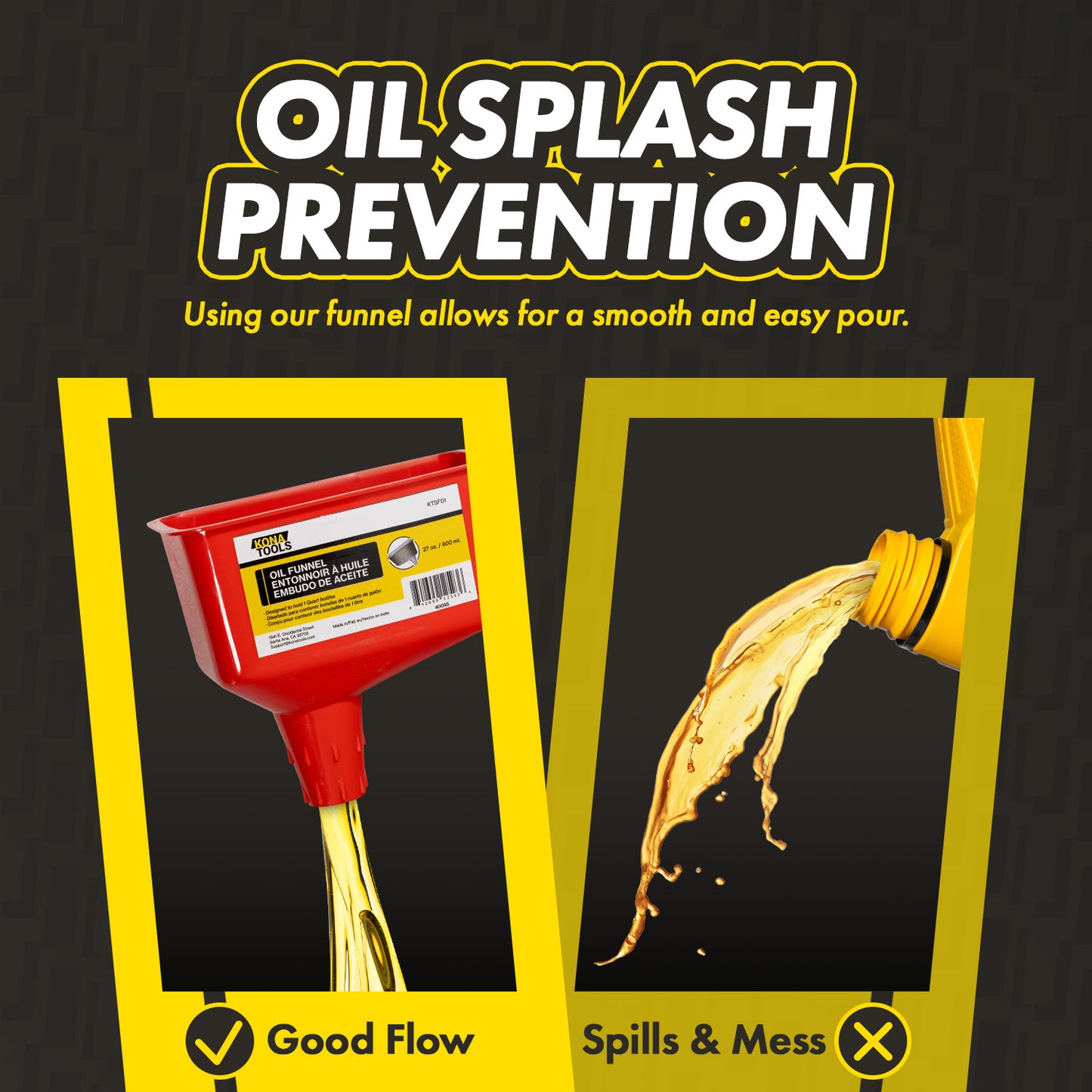 KTSF01 1 Quart Oil Funnel: Spill-Reducing with Ridged Spout for Engine Oil, Diesel & Coolant