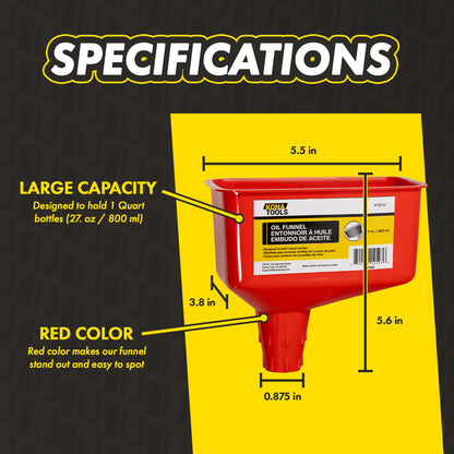 KTSF01 1 Quart Oil Funnel: Spill-Reducing with Ridged Spout for Engine Oil, Diesel & Coolant