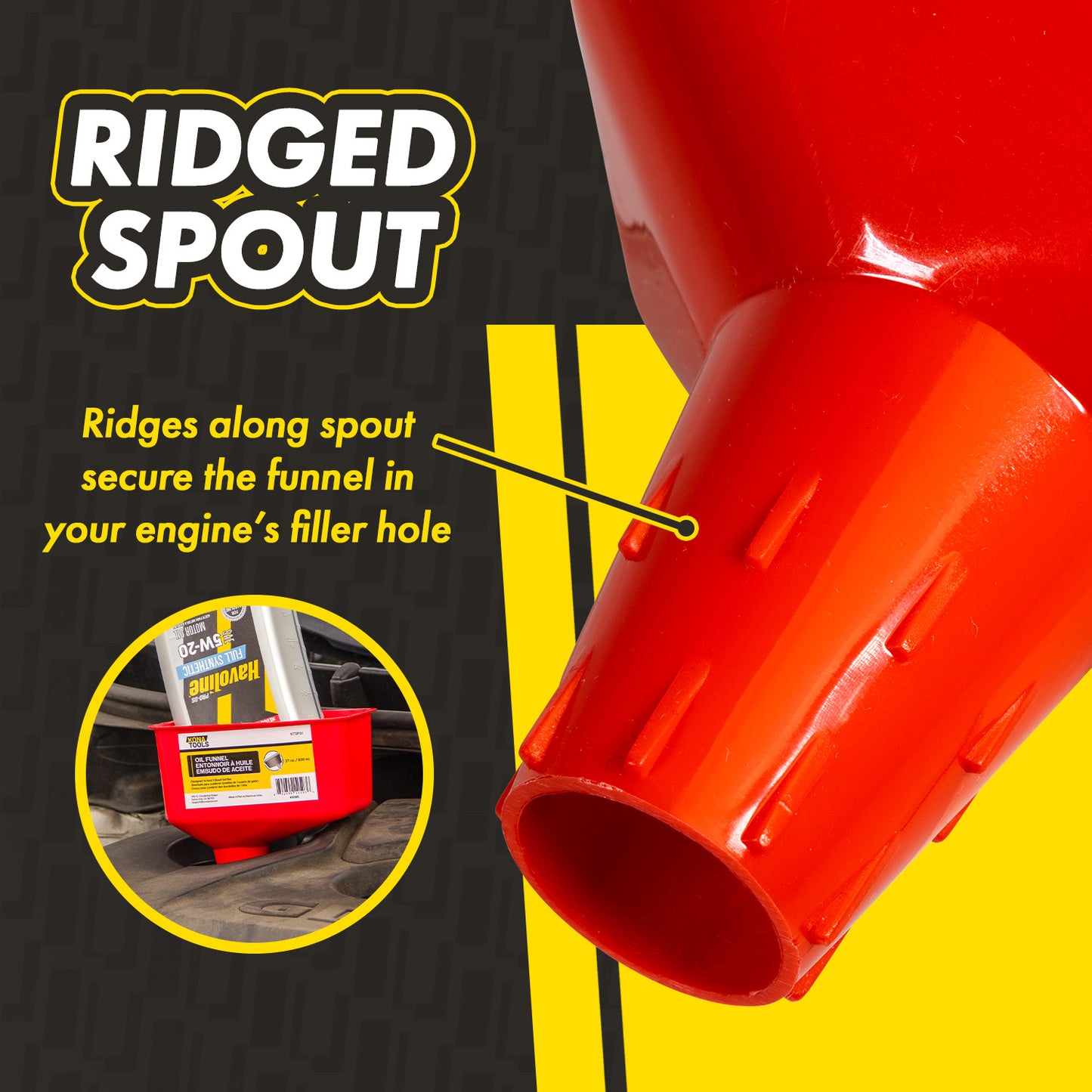 KTSF01 1 Quart Oil Funnel: Spill-Reducing with Ridged Spout for Engine Oil, Diesel & Coolant
