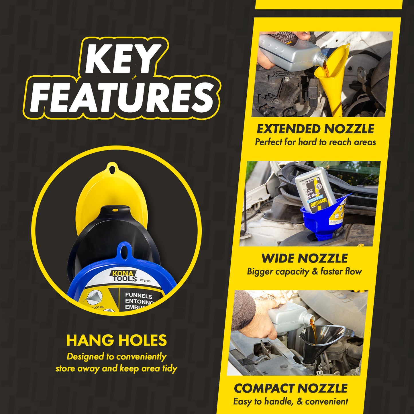 3-Piece Funnel Set: Multi-Size Nozzles for Oil & Fluids