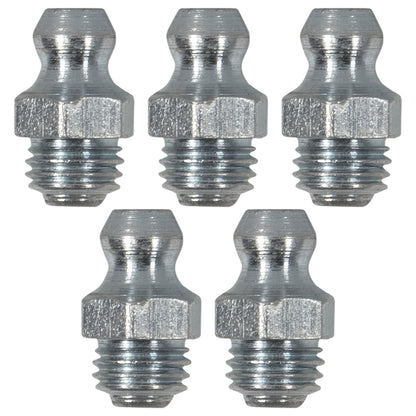 5/16in x 24 UNF Straight Grease Fittings: 1,000 PSI Max, Galvanized Steel (5-Pack)