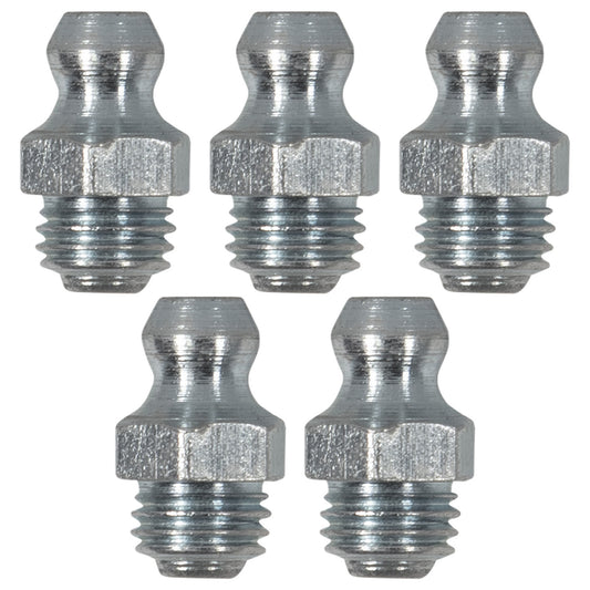 5/16in x 24 UNF Straight Grease Fittings: 1,000 PSI Max, Galvanized Steel (5-Pack)