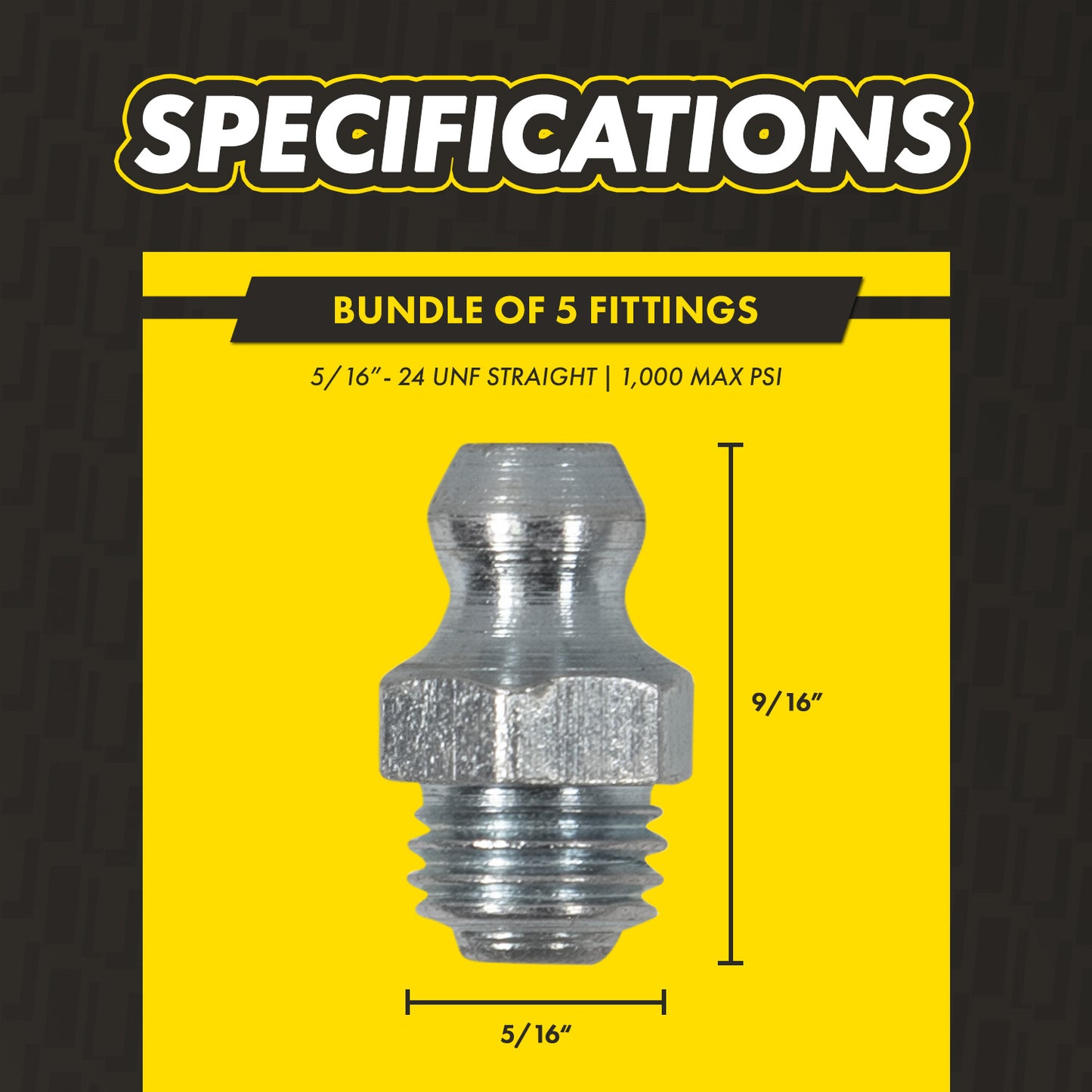 5/16in x 24 UNF Straight Grease Fittings: 1,000 PSI Max, Galvanized Steel (5-Pack)