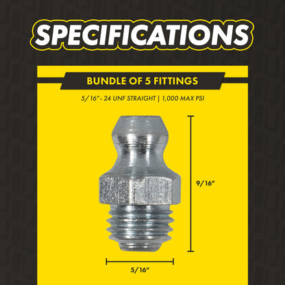 5/16in x 24 UNF Straight Grease Fittings: 1,000 PSI Max, Galvanized Steel (5-Pack)