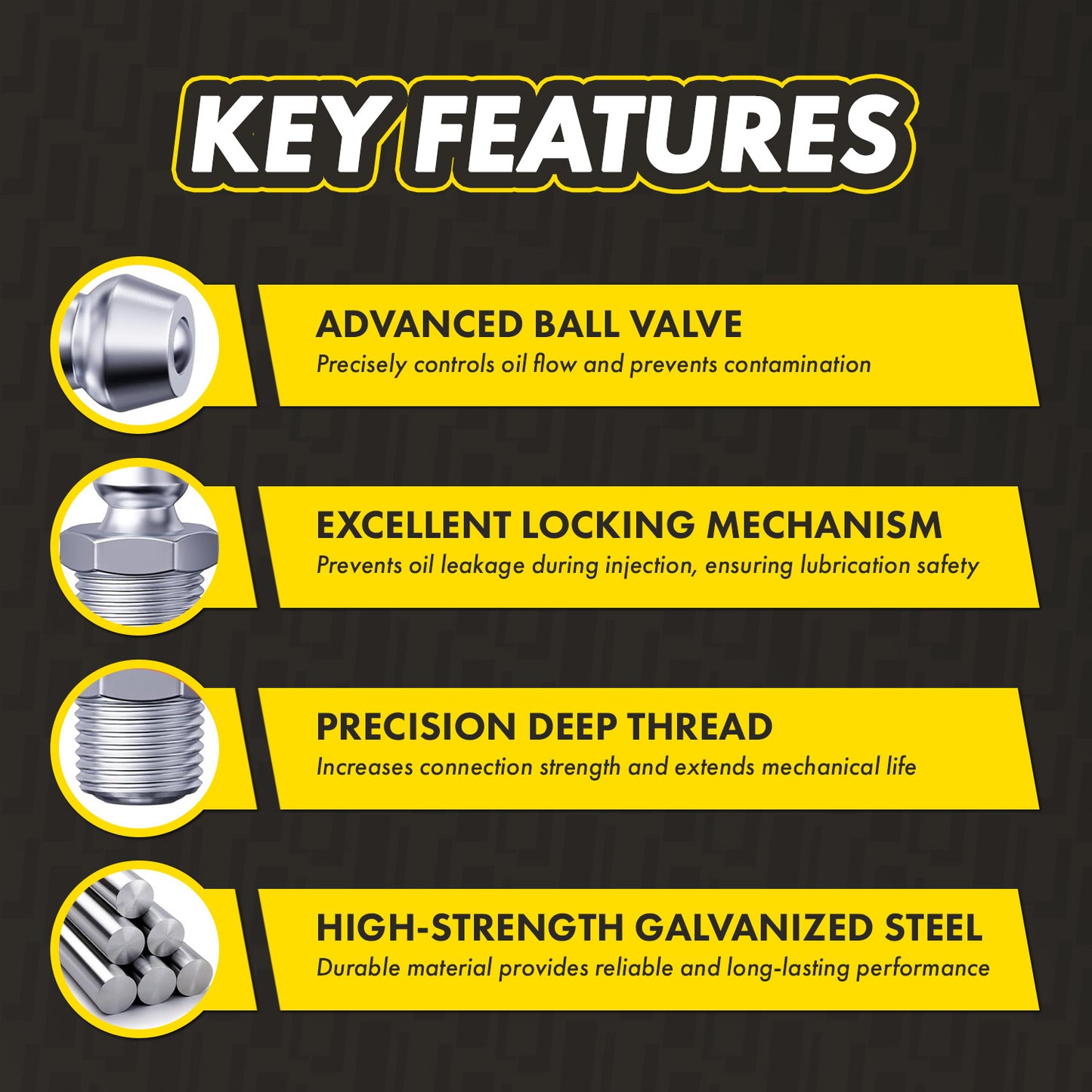 5/16in x 24 UNF Straight Grease Fittings: 1,000 PSI Max, Galvanized Steel (5-Pack)