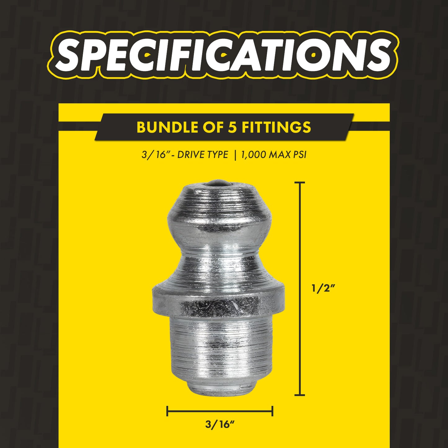 3/16in Drive-Type Grease Fittings: 1,000 PSI, Galvanized Steel (5-Pack)