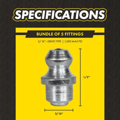 3/16in Drive-Type Grease Fittings: 1,000 PSI, Galvanized Steel (5-Pack)