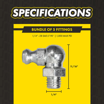 1/4in - 28 SAE 90 Degree Grease Fittings: 1,000 PSI, Galvanized Steel (5-Pack)