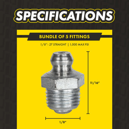 1/8in - 27 Straight Grease Fittings: 1,000 PSI, Galvanized Steel (5-Pack)