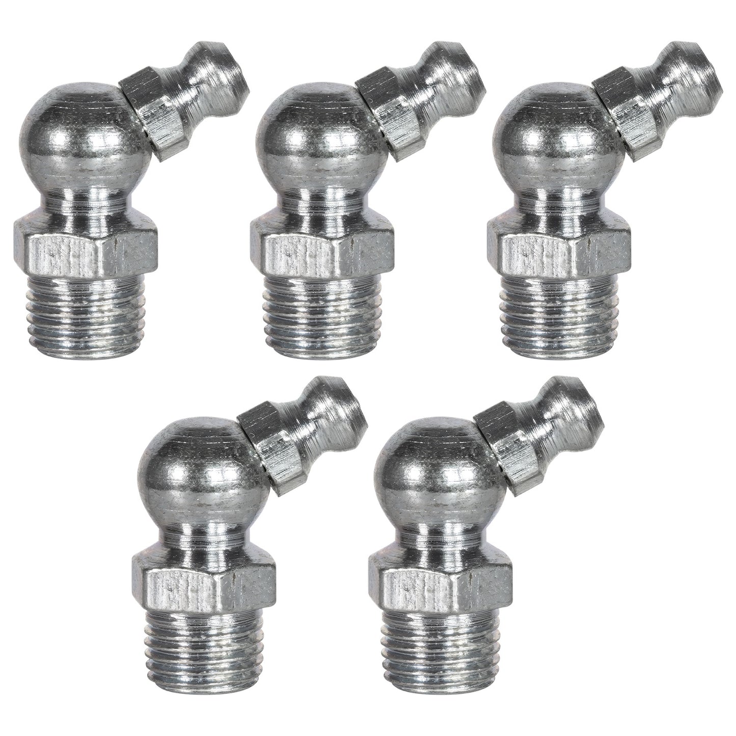 1/8in - 27 45 Degree Grease Fittings: 1,000 PSI, Ball Valve Design (5-Pack)