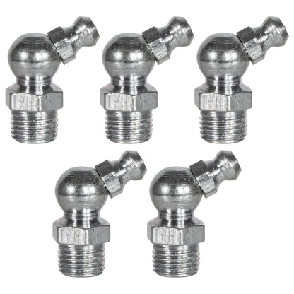 1/8in - 27 45 Degree Grease Fittings: 1,000 PSI, Ball Valve Design (5-Pack)