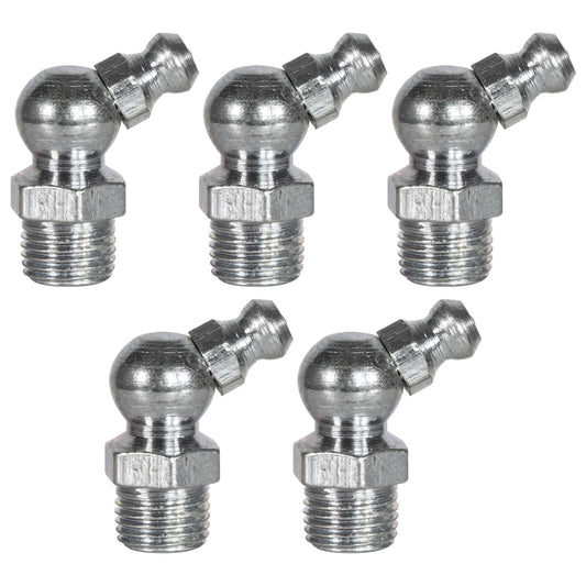 1/8in - 27 45 Degree Grease Fittings: 1,000 PSI, Ball Valve Design (5-Pack)