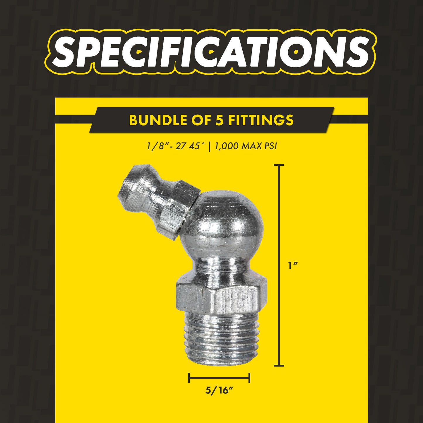 1/8in - 27 45 Degree Grease Fittings: 1,000 PSI, Ball Valve Design (5-Pack)