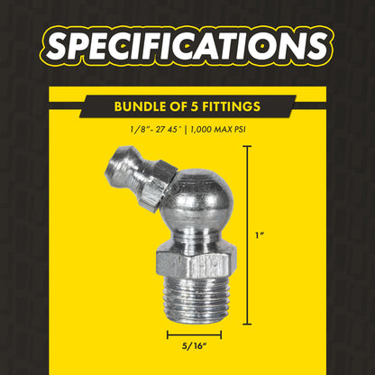 1/8in - 27 45 Degree Grease Fittings: 1,000 PSI, Ball Valve Design (5-Pack)
