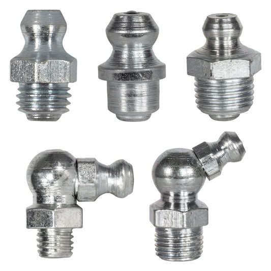 Grease Fitting Assortment Kit: Mixed Sizes & Angles, 1,000 PSI, Galvanized Steel (5-Pack)