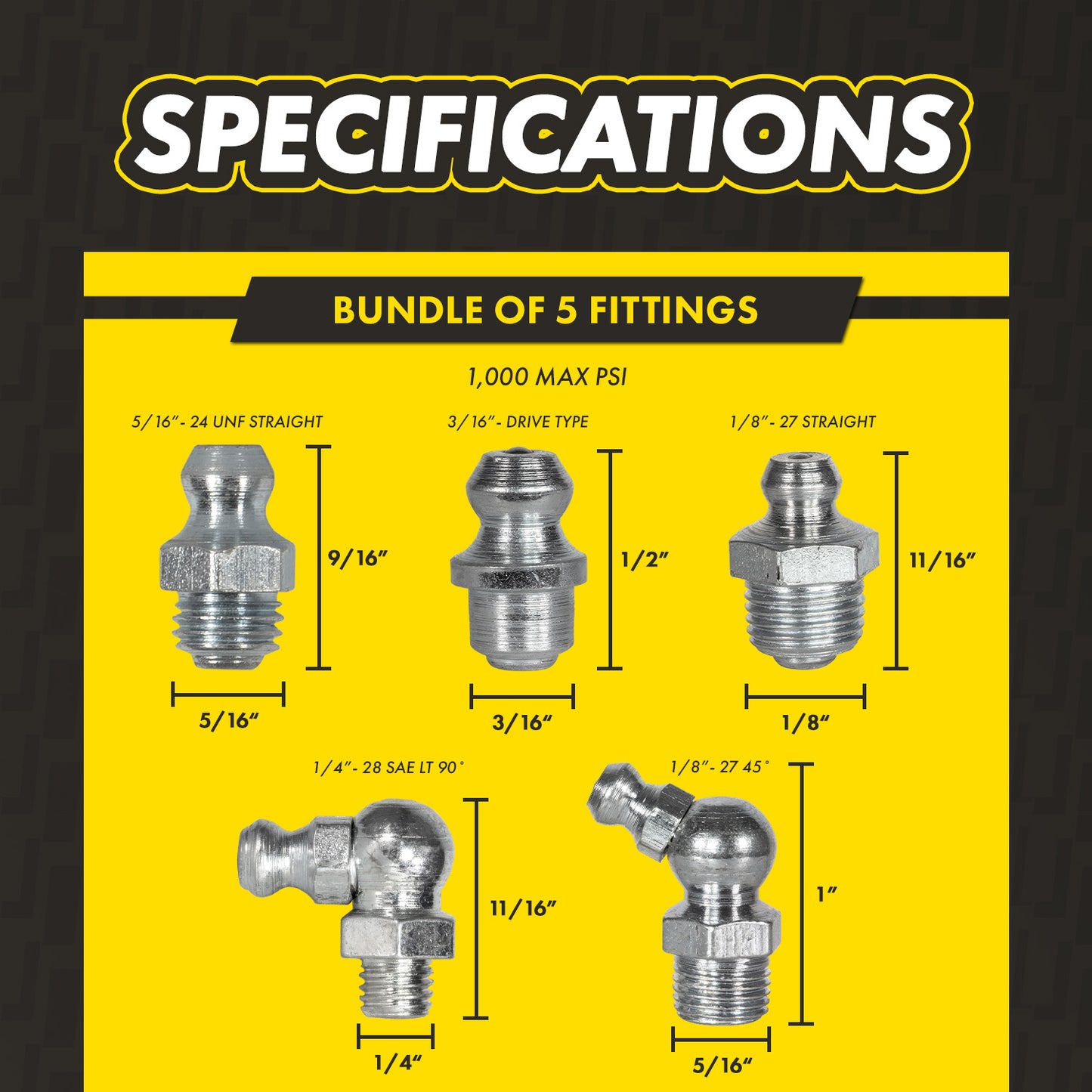 Grease Fitting Assortment Kit: Mixed Sizes & Angles, 1,000 PSI, Galvanized Steel (5-Pack)