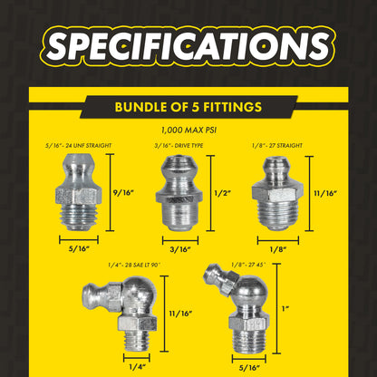 Grease Fitting Assortment Kit: Mixed Sizes & Angles, 1,000 PSI, Galvanized Steel (5-Pack)