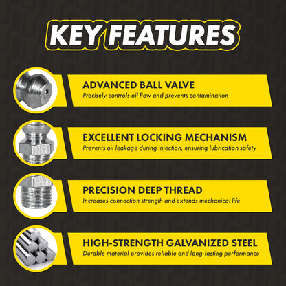 Grease Fitting Assortment Kit: Mixed Sizes & Angles, 1,000 PSI, Galvanized Steel (5-Pack)